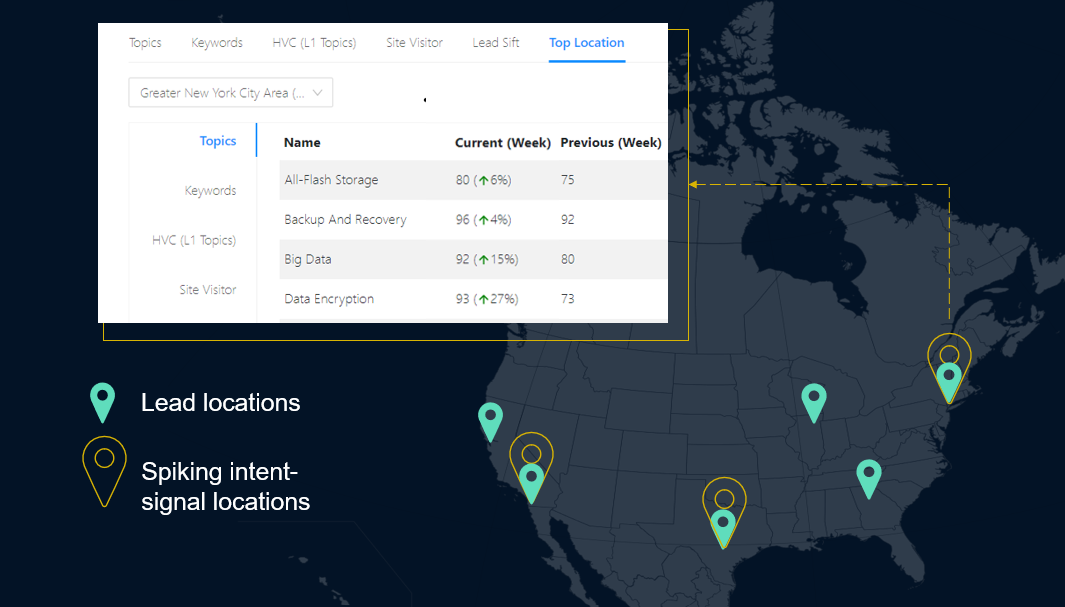 map visual showing top locations of intent data users