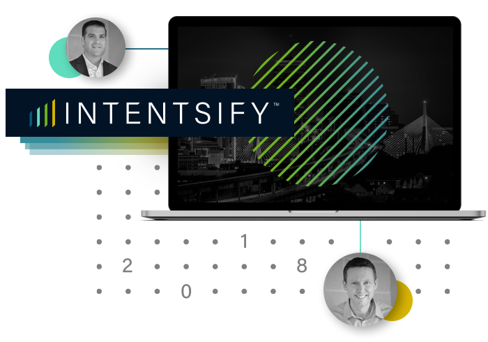 Graphic showing laptop with Intentsify cofounder headshots surrounding laptop.